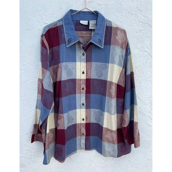 White Stag Plus Womens Autumn Plaid Fall Leaves Patchwork Top Shirt 22w/24w - Picture 1 of 10